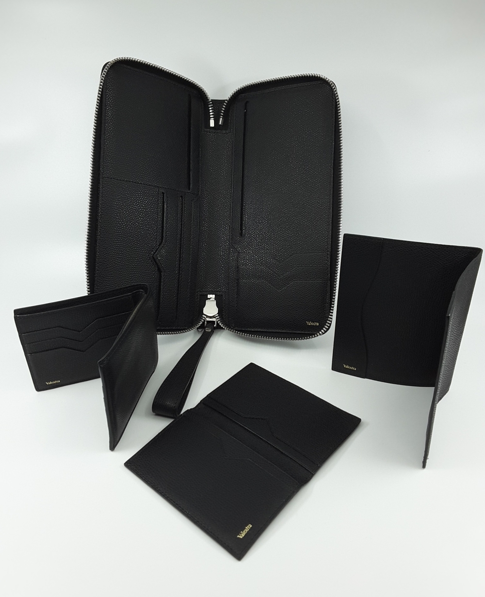 VALEXTRA All-in-One Black Pebble Grain Leather Travel Wallet